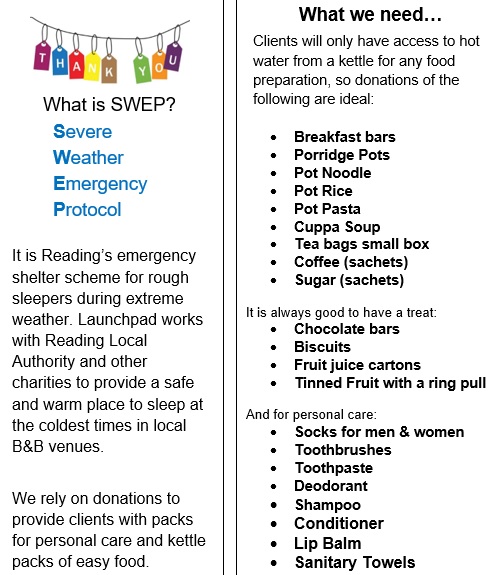 Launchpad Reading (@launchpad_rdg) on Twitter photo We are still collecting items which will make up donation packages for people experiencing homelessness who are placed in emergency accommodation if SWEP is enacted (severe emergency weather protocol). Please email 135@launchpadreading.org.uk to arrange drop-off. We are still collecting items which will make up donation packages for people experiencing homelessness who are placed in emergency accommodation if SWEP is enacted (severe emergency weather protocol). Please email 135@launchpadreading.org.uk to arrange drop-off.