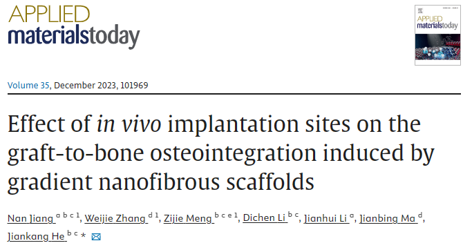 A new work entitled 'Effect of in vivo implantation sites on the graft-to-bone osteointegration induced by gradient nanofibrous scaffolds' was published in Applied materials today.
sciencedirect.com/science/articl…