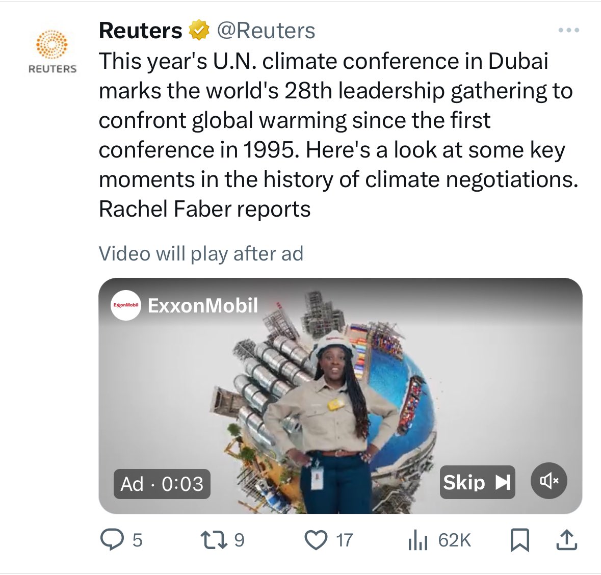 A story about 28 years of failed climate negotiations led by an ad from ExxonMobil, who actively funded efforts to undermine the process, is just... Have some dignity, @Reuters, and ban fossil fuel advertising, starting with your climate coverage.