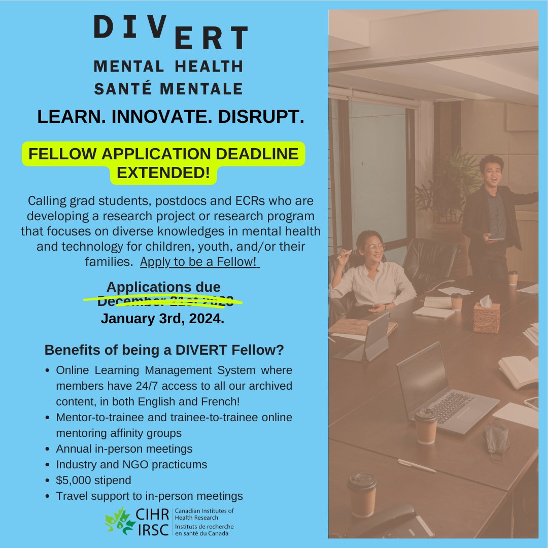DIVERT_mhsm's tweet photo. DEADLINE EXTENDED! 🚨 Join our national network uniting academics, industry, NGOs, and mental health professionals to innovate (through EDI and tech) MH research and care for children, youth, and families. Master's, PhD, Postdoc, ECR—apply now! 👉 https://t.co/j782LmzWLn https://t.co/6NGt6cFPxQ