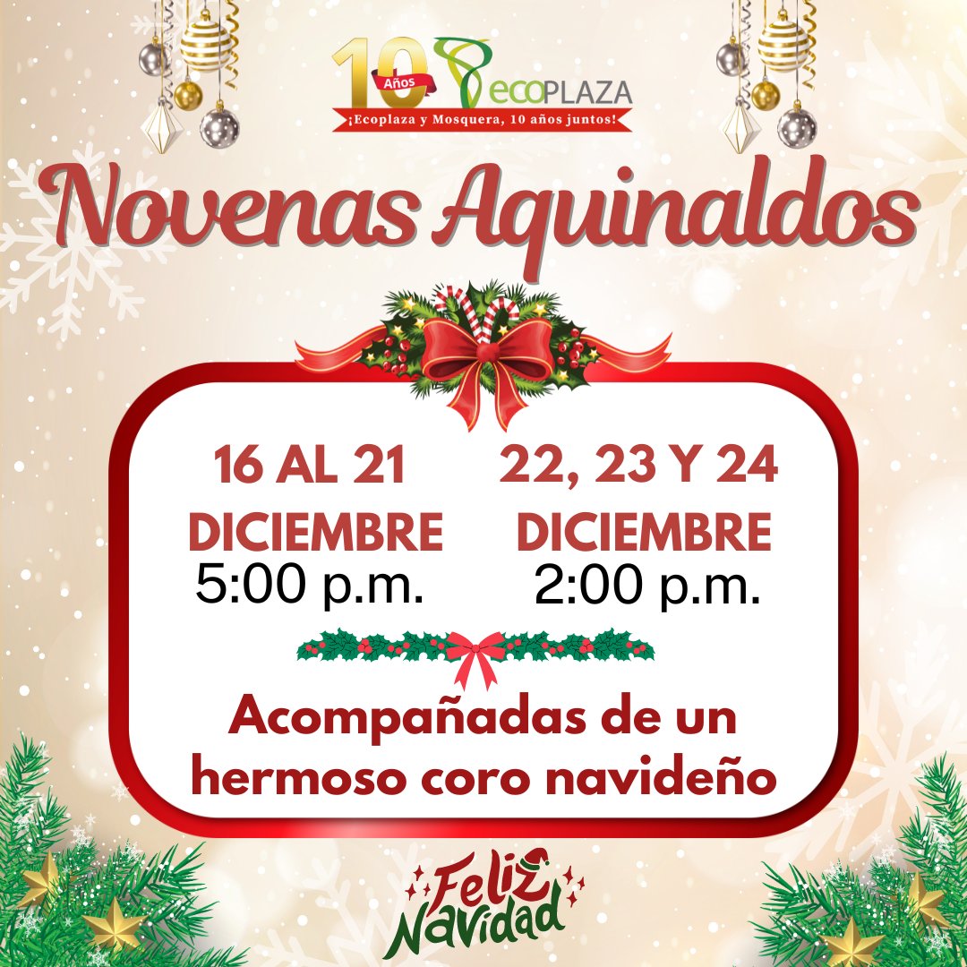 EcoplazaCC's tweet photo. ¡Sumérgete en la magia navideña en nuestro centro comercial! 🌟🎄 Te invitamos a nuestras Novenas de Aguinaldos, donde el coro llenará de alegría el ambiente. 🎶✨ Únete a la celebración con amigos y familia. ¡Vive la Navidad con nosotros! 🕯️🛍️ #NovenasMágicas #NavidadEnFamilia https://t.co/YEVSYj9nZ4