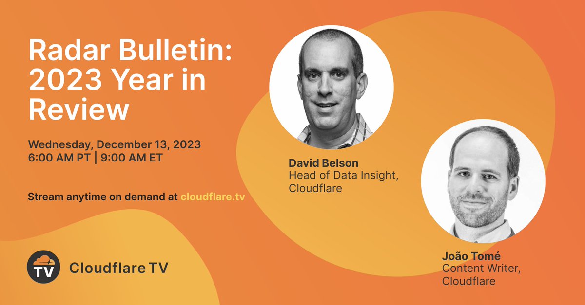 The 2023 @CloudflareRadar Year in Review is our fourth annual review of Internet trends. Join Cloudflare's Head of Data Insight, David Belson (@DBelson) and João Tomé (@emot) as they uncover 2023 traffic trends, Internet outages and multiple security threats. Stream it here >>…