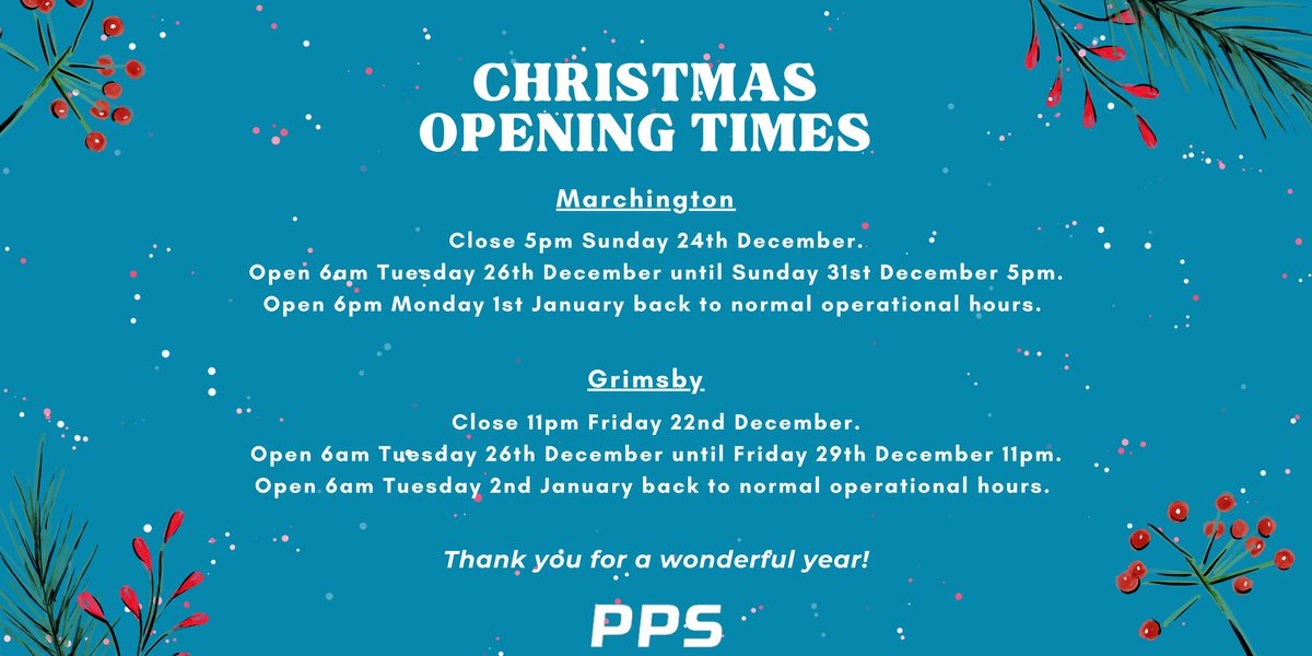 PPSEquipment's tweet photo. ❄️Christmas Opening Times! ❄️

🎄Marchington Site:
Close 5pm Sunday 24th December.
Open 6am Tuesday 26th December until Sunday 31st December 5pm.
Open 6pm Monday 1st January back to normal operational hours.

👇👇 https://t.co/iVpExwjyaK