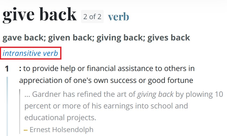 terminologia's tweet image. “give back” in senso altruistico è un verbo intransitivo (ad es. “give back to one’s community”); “give back love” implica contraccambiare amore RICEVUTO. 
In ogni caso trovo ridicola questa mania milanese* di usare ovunque esclusivamente l’inglese! 

* capitale dell’#itanglese