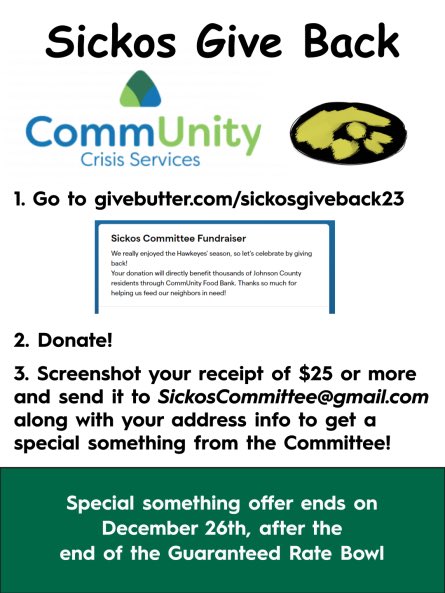FOOD DRIVE TIME!! We’ve partnered with CommUnity of Iowa City for a food drive for your Sickos National Champions, the Iowa Hawkeyes. 

Make a donation at or above the Ferentz Line ($25 or up) email us proof &amp; you will get a small gift from us. 

Donate ⬇️
givebutter.com/sickosgiveback…