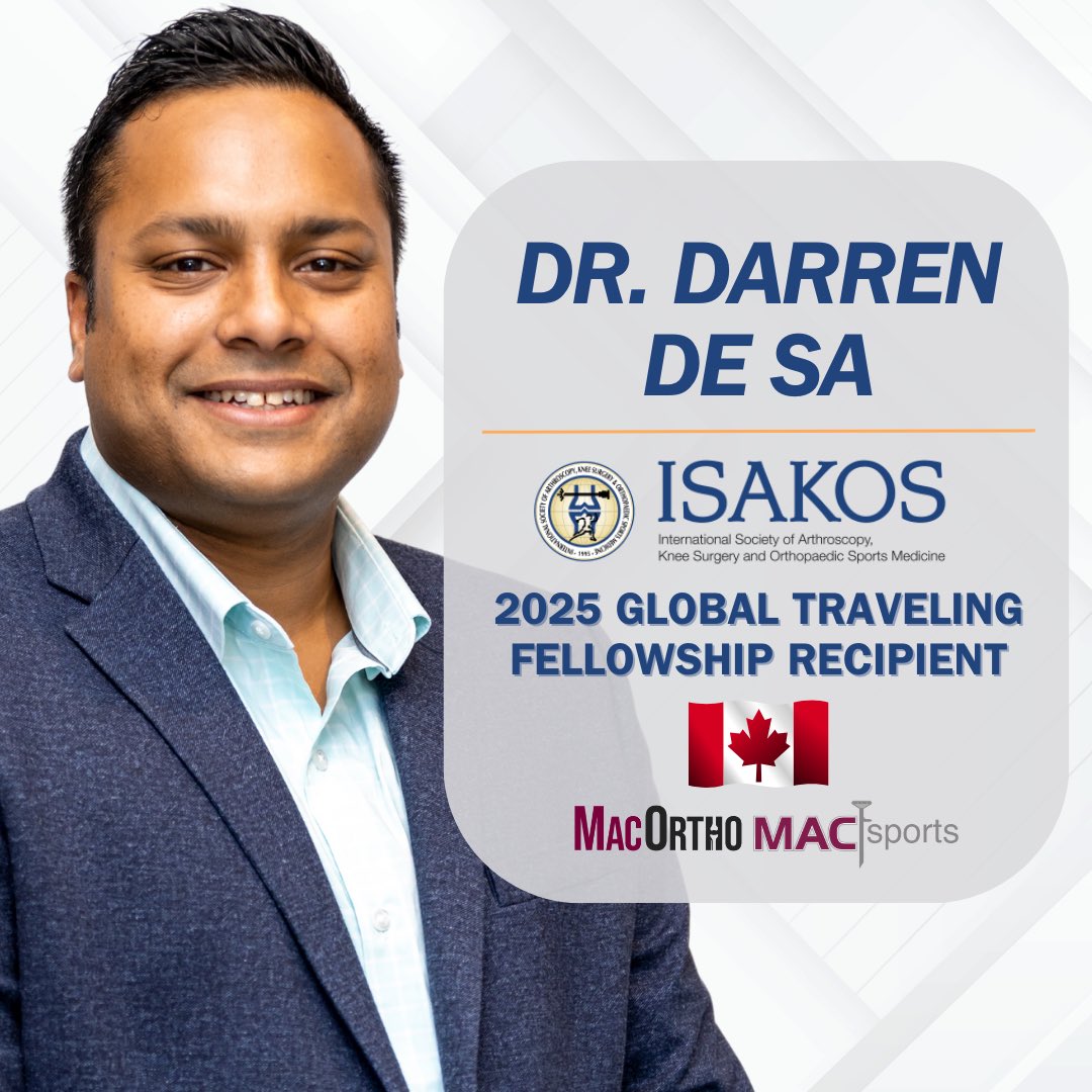 Congratulations to Dr. Darren de SA who has been awarded the International Society of Arthroscopy, Knee Surgery and Orthopaedic Sports Medicine (@ISAKOS) Global Traveling Fellowship!

(1/2)