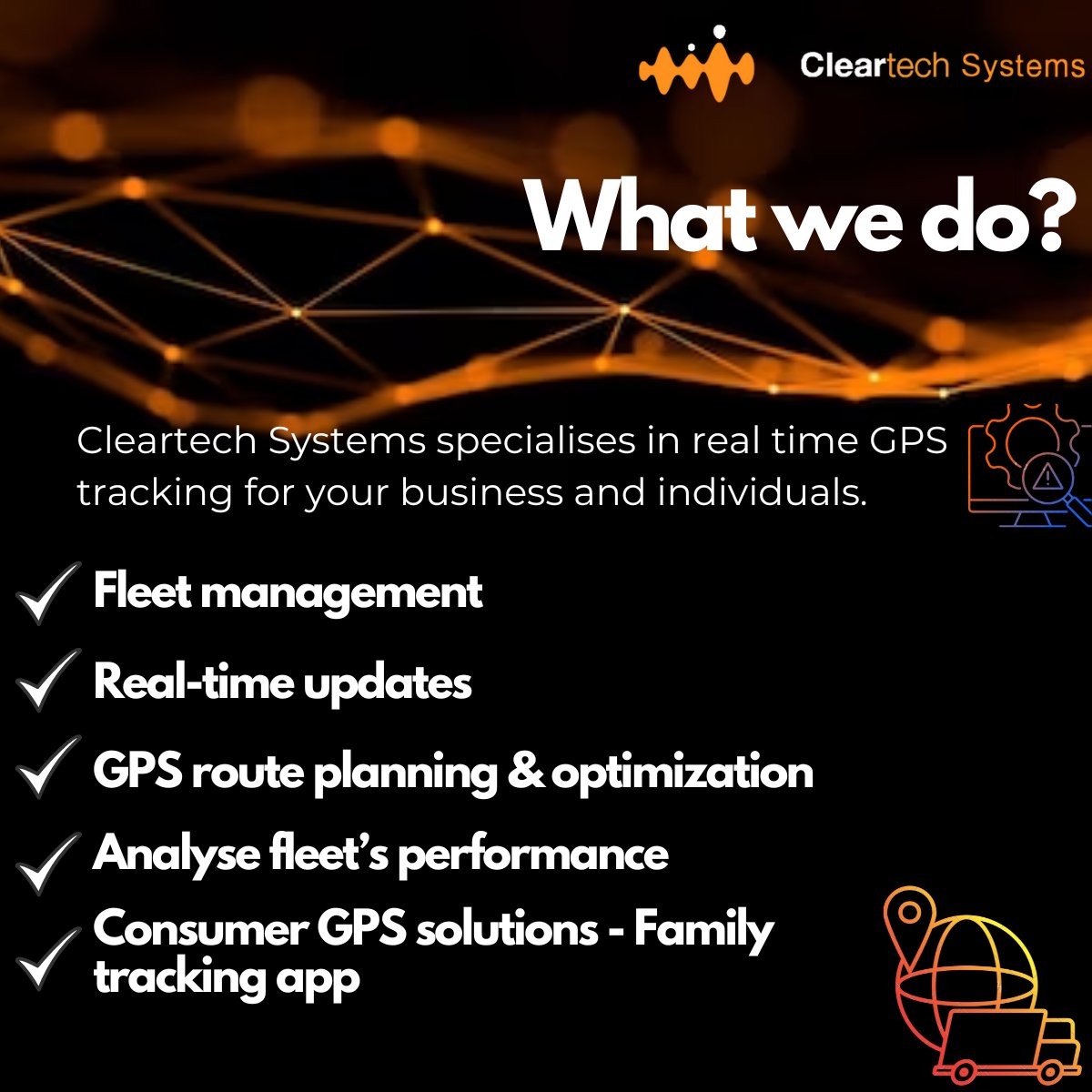 Cleartechsystem's tweet image. In an increasingly connected and fast-paced world, the ability to monitor and manage assets, with accuracy has become essential for businesses and individuals/consumers. Any queries? Feel free to contact us

#gpstracker #gpstrackingsystem #gpstrackingsolutions #fleetmanagement