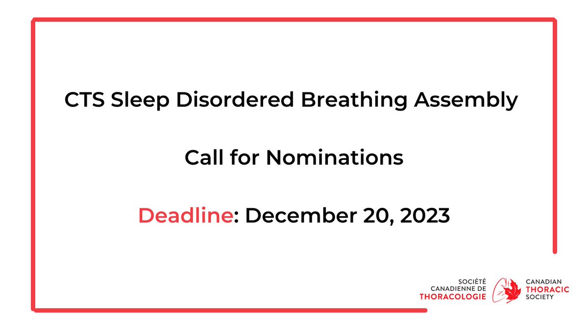 Members of the CTS Sleep Disordered Breathing Assembly are invited to submit nominations for a number of open positions on the Steering Committee. Submit your nomination by December 20: forms.office.com/Pages/Response…