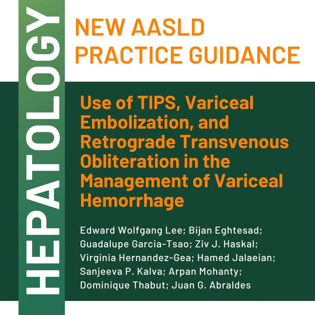 This comprehensive AASLD Practice Guidance aims to equip care providers with an in-depth understanding of the use of TIPS and/or variceal embolization/obliteration in the management of variceal hemorrhage. Read the latest: bit.ly/46Qdt2U #LiverTwitter @HEP_Journal