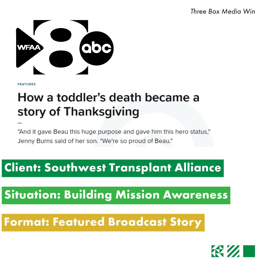 Three Box Strategic (@threeboxinc) on Twitter photo The holiday season calls for heartwarming stories that can bring awareness to your brand's mission and impact. We recently secured a moving story on <a href="/wfaa/">WFAA</a> with <a href="/KevinReeceWFAA/">Kevin Reece</a> for client <a href="/SWTransplant/">Southwest Transplant Alliance</a> ⤵️
Watch the full story: bit.ly/47RhRA6 The holiday season calls for heartwarming stories that can bring awareness to your brand's mission and impact. We recently secured a moving story on <a href="/wfaa/">WFAA</a> with <a href="/KevinReeceWFAA/">Kevin Reece</a> for client <a href="/SWTransplant/">Southwest Transplant Alliance</a> ⤵️
Watch the full story: bit.ly/47RhRA6