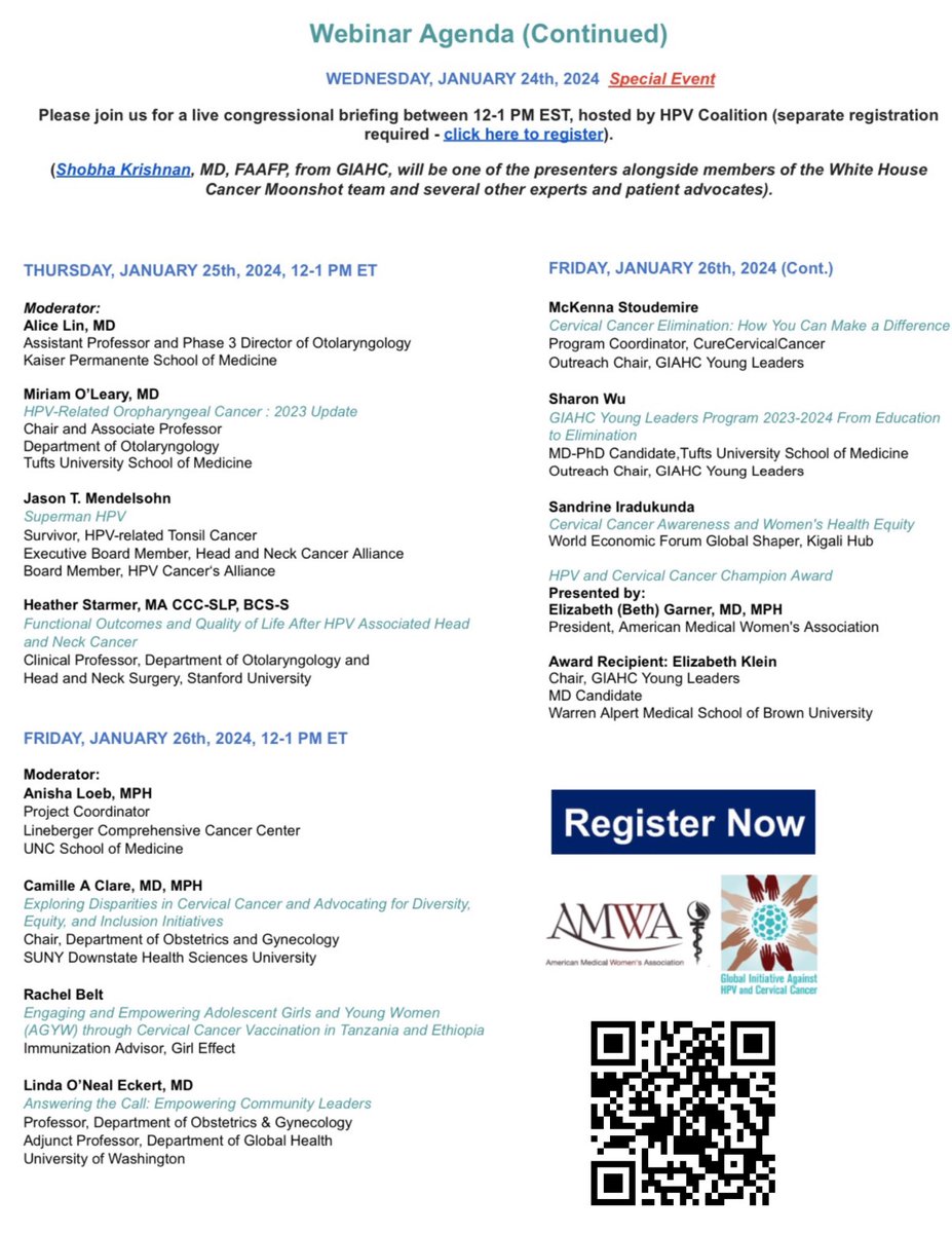 GIAHC (@giahc) on Twitter photo Save-the-Date! Free #USvsHPV Prevention Webinars Jan 22-26, 2024, 12-1 pm ET daily (except Wed. from 10-11:30am ET)! Experts discuss global efforts to prevent & treat HPV-related cancers & spotlight efforts to improve health equity! Join live: bit.ly/hpv2024
<a href="/AMWADoctors/">AMWA Doctors</a> Save-the-Date! Free #USvsHPV Prevention Webinars Jan 22-26, 2024, 12-1 pm ET daily (except Wed. from 10-11:30am ET)! Experts discuss global efforts to prevent & treat HPV-related cancers & spotlight efforts to improve health equity! Join live: bit.ly/hpv2024
<a href="/AMWADoctors/">AMWA Doctors</a>