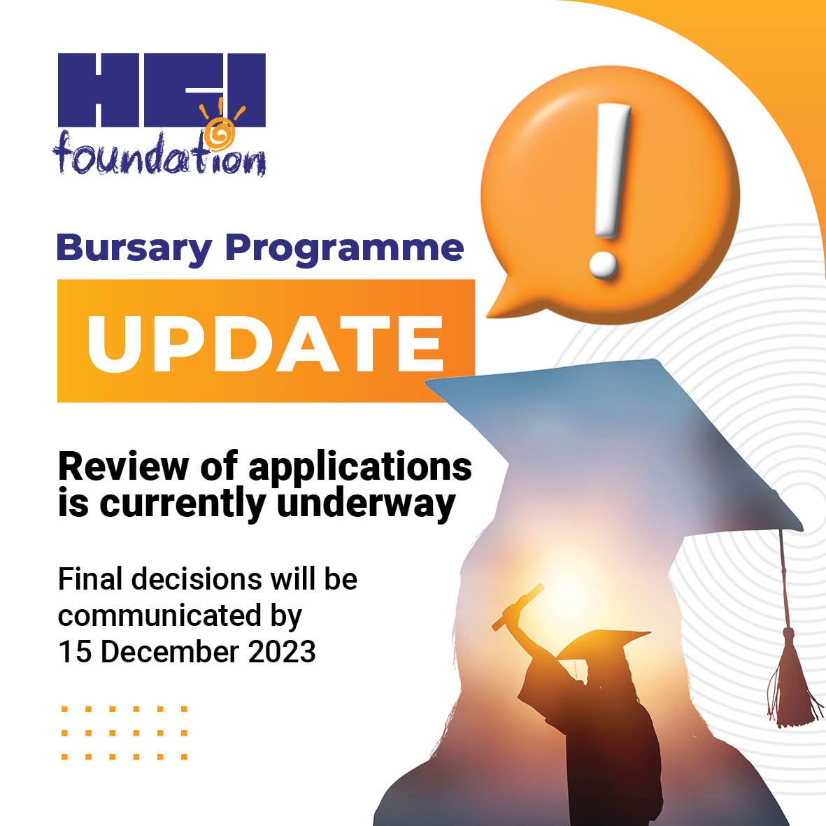 HCI Foundation (@hcifoundation) on Twitter photo UPDATE | BURSAY PROGRAMME
We're currently in the process of reviewing applications for the HCI Foundation Bursary, & the final decisions will be communicated by December 15, 2023.
Please don't hesitate to contact us via email at bp@hcifoundation.co.za or by calling 021 424 6010 UPDATE | BURSAY PROGRAMME
We're currently in the process of reviewing applications for the HCI Foundation Bursary, & the final decisions will be communicated by December 15, 2023.
Please don't hesitate to contact us via email at bp@hcifoundation.co.za or by calling 021 424 6010