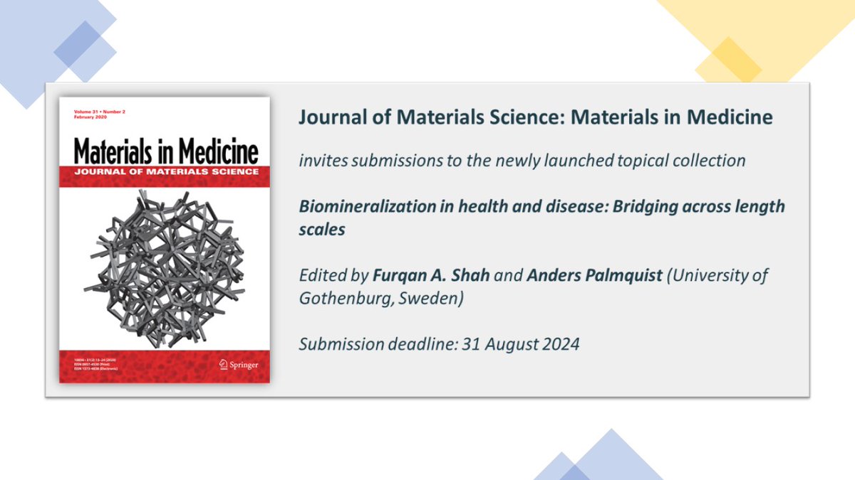 📢Check out the latest call for papers for a new collection on
🔹Biomineralization in health and disease 
in the Journal of Materials Science: Materials in Medicine-link.springer.com/journal/10856/…
Submit your work here – editorialmanager.com/jmsm