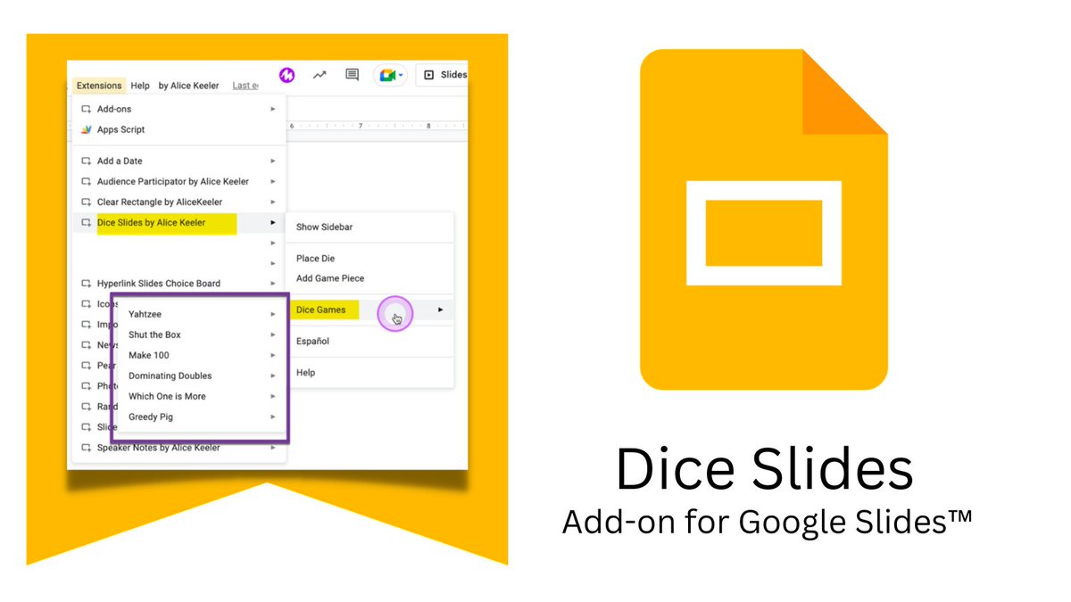 DICE GAMES in Google Slides! 
Install Dice Slides by AliceKeeler

workspace.google.com/marketplace/ap…
Collects NO User Data