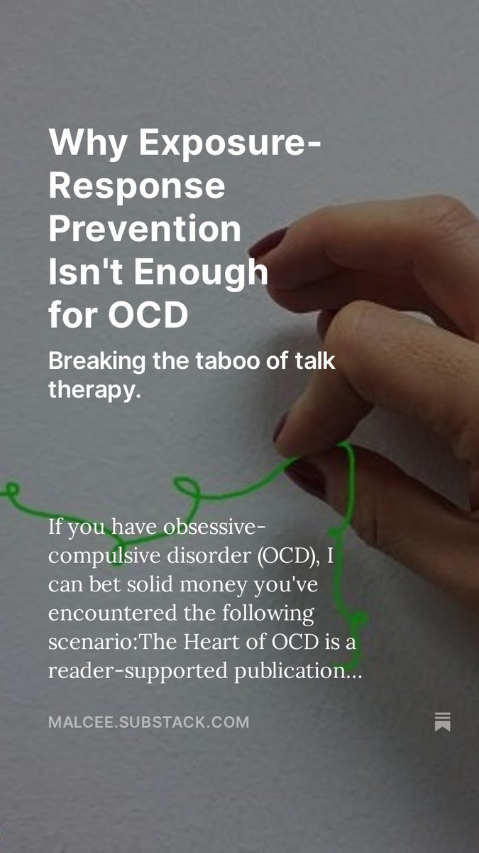 You're not supposed to talk about that! Or are you? Check out my latest on why we need more than ERP for OCD treatment.
malcee.substack.com/publish/posts/…
#ocd #ocdrecovery #ocdawareness #ocdtreatment #mentalhealth #psychologytoday #psychology #therapistsconnect