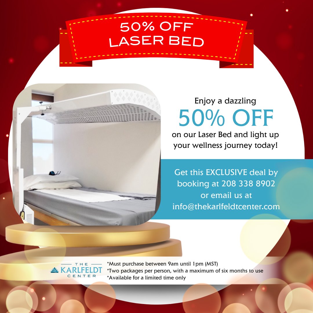 On the Ninth Day of Christmas, Santa gave to me...50% OFF Laser Bed!

Terms:
*Must purchase between 9am until 1pm (MST) today December 13, 2023
*Other terms and conditions applies

📞 Contact us at 208-338-8902 to book.

#TheKarlfeldtCenter #IdahoHealth #FestiveDeals #laser