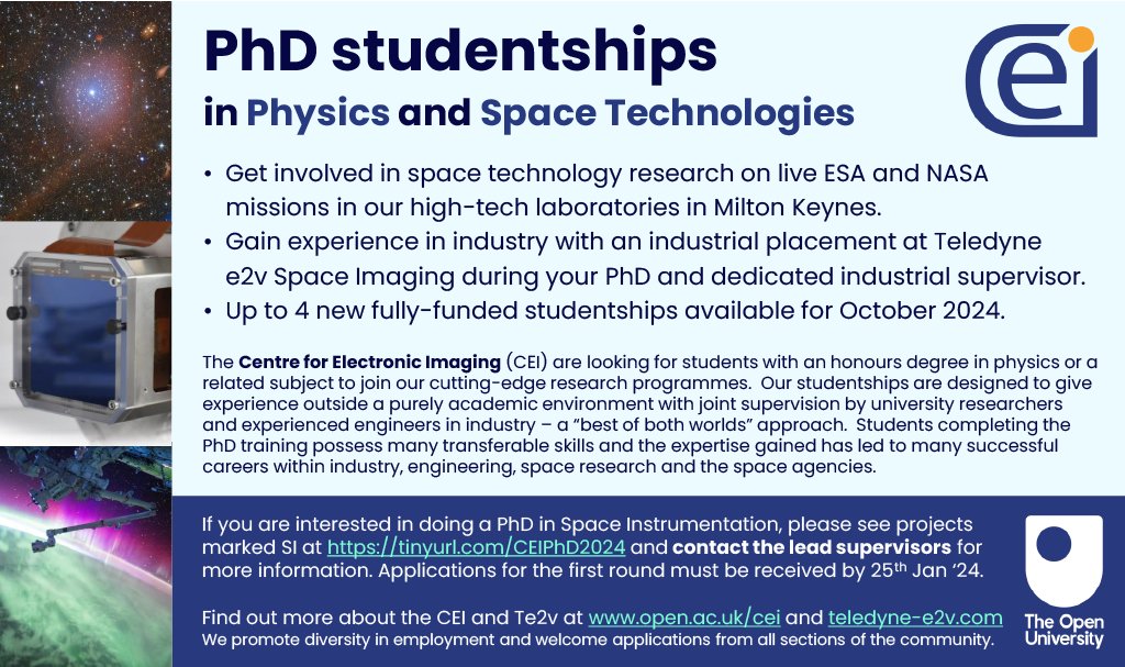 The Open University: School of Physical Sciences (@ou_sps) on Twitter photo Are you interested in space technology research? Gaining industry experience? Working with space agencies, such as ESA and NASA? Applications for PhD studentships at the Centre for Electronic Imaging (CEI) in the School of Physical Sciences are now open!
tinyurl.com/CEIPhD2024 Are you interested in space technology research? Gaining industry experience? Working with space agencies, such as ESA and NASA? Applications for PhD studentships at the Centre for Electronic Imaging (CEI) in the School of Physical Sciences are now open!
tinyurl.com/CEIPhD2024