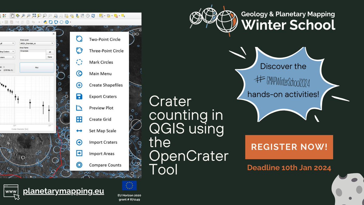 Explore #GMAPWinterSchool2024: Crater counting with OpenCraterTool in QGIS (Author: Thomas Heyer) 🌌🛰️. 
Join now! Registration deadline: Jan 10, 2024. Online &amp; Free. Jan 22-26, 2024. Learn more: linktr.ee/planetarymappi…

#PlanetaryMapping