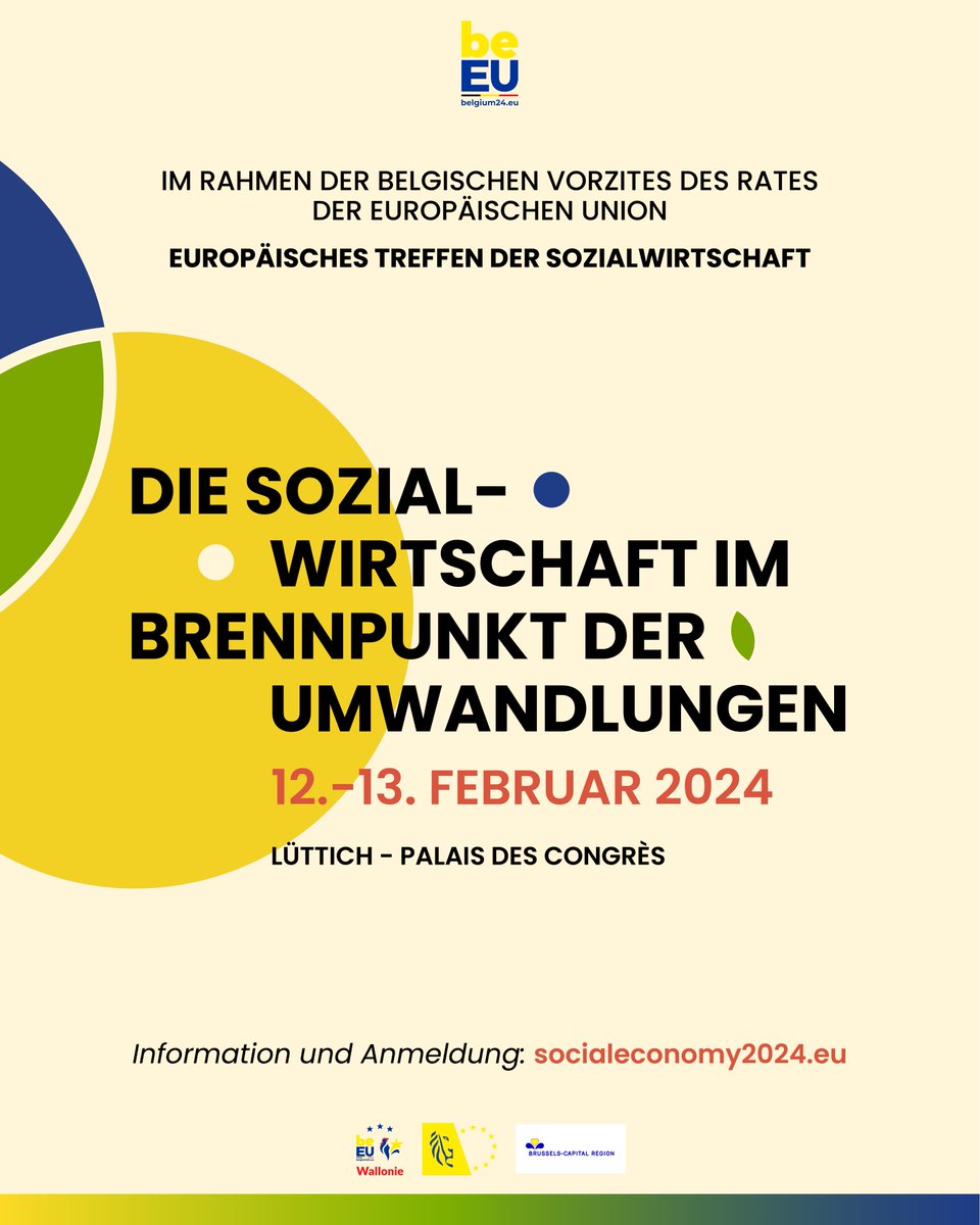 📢 Europäisches Treffen der Sozialwirtschaft Tauchen Sie am 12.-13. Februar 2024 in Lüttich🇧🇪in das Herz der grünen, integrativen und digitalen Wandel ein. Eine Veranstaltung, die ganz der Sozialwirtschaft gewidmet ist und allen offen steht. socialeconomy2024.eu #EU2024BE