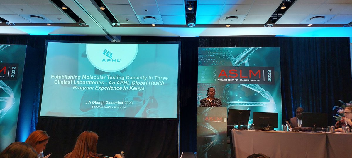 Laboratory strengthening is fundamental in supporting robust public health systems. Jully Okonji sharing @APHL's experience in establishing Molecular Testing capacity in Kenya. #ASLM2023