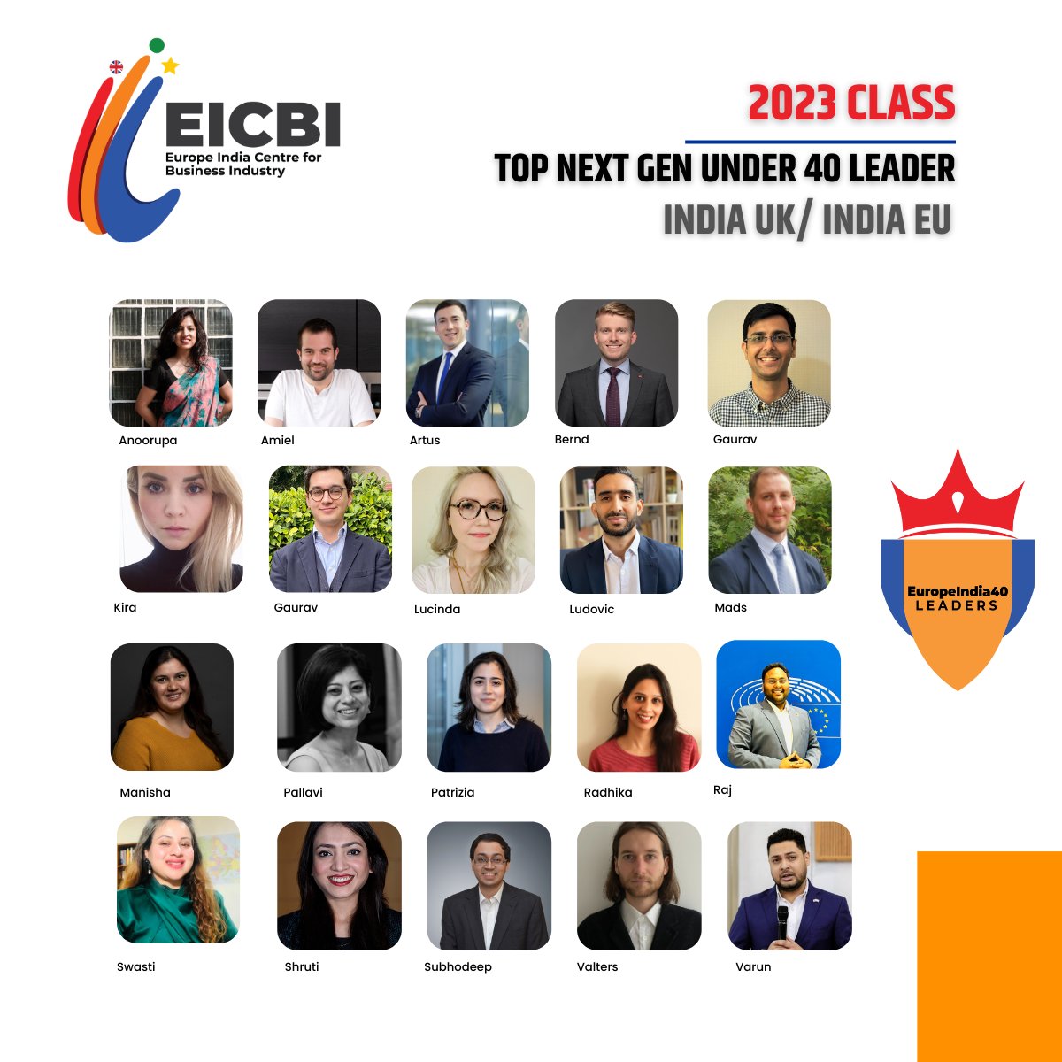 🌟 Honoured to unveil 2023 Class of #EuropeIndia40 leaders! Celebrating talent shaping EU-India & UK-India relations, this list highlights 20 exceptional individuals, 9 phenomenal women, and 11 outstanding men from 13 diverse nations. eicbi.org/2023-class-eur… 🇪🇺🇮🇳🇬🇧 #Leadership