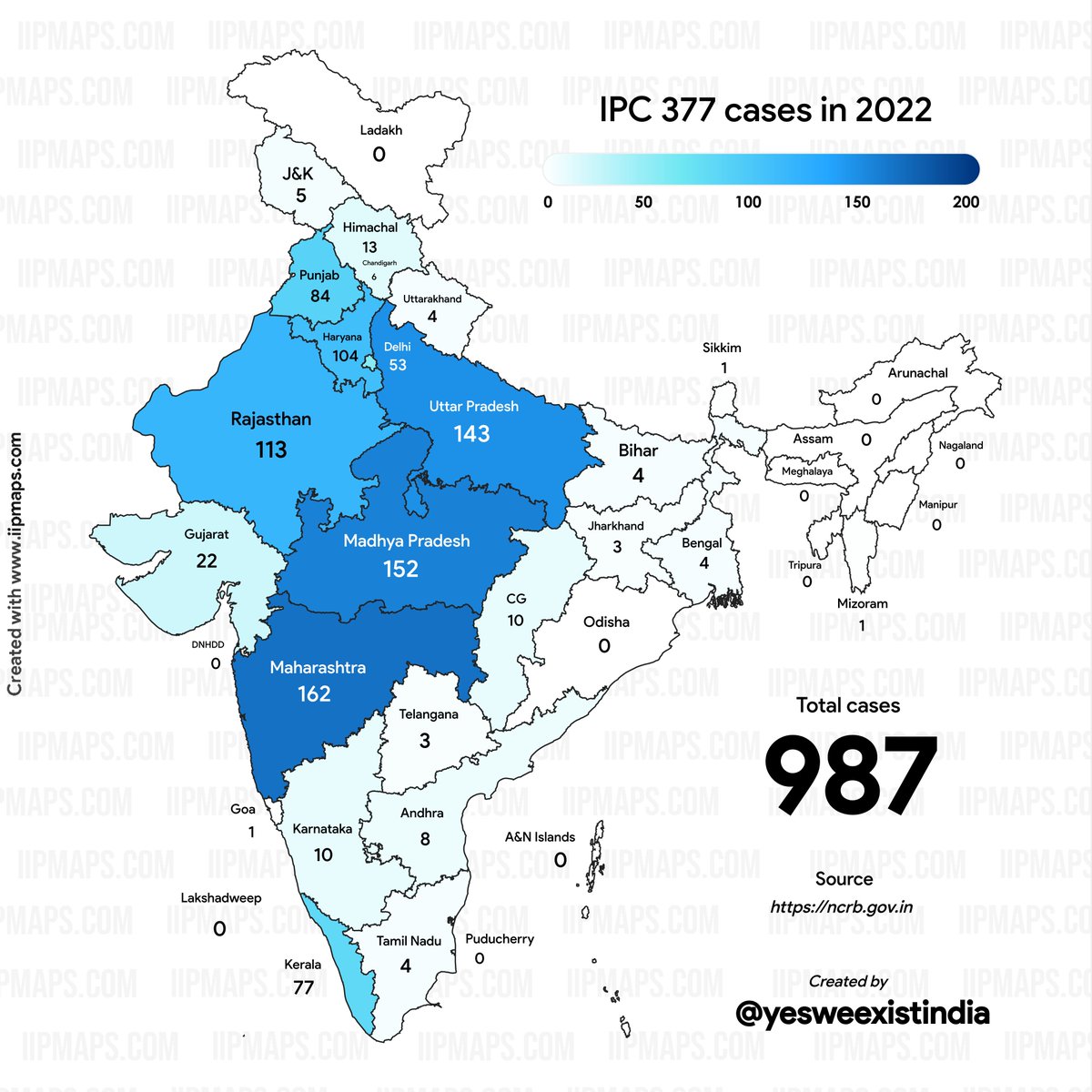 Number of cases under Section 377 in 2022 Created by Yes, We Exist - India @yesweexistindia using iipmaps com – the easiest way to create data maps. iipmaps com/view/ipc+377+cases+in+2022-F6DT65jd5gbHUajzxGMm