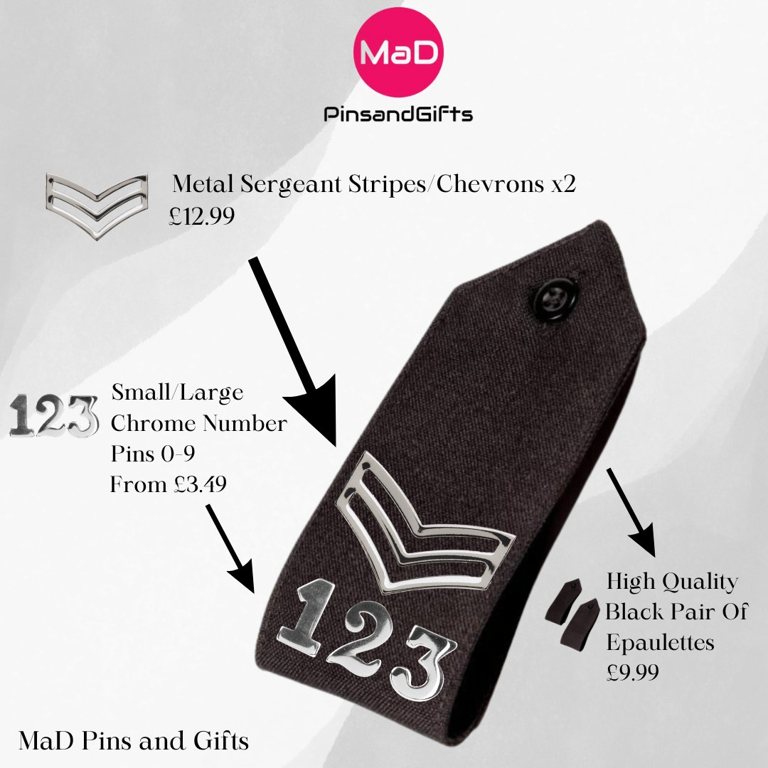 Sergeant stripes epaulette pins are selling fast! 🔥 
Grab yours now!
All items in the picture are available to purchase here 🛒 mad-pinsandgifts.uk/collections/ve…

#sergeant #sergeantstripes #pinbadge #epaulette #numberpins #uniform #police #security #emergencyservices #thinblueline