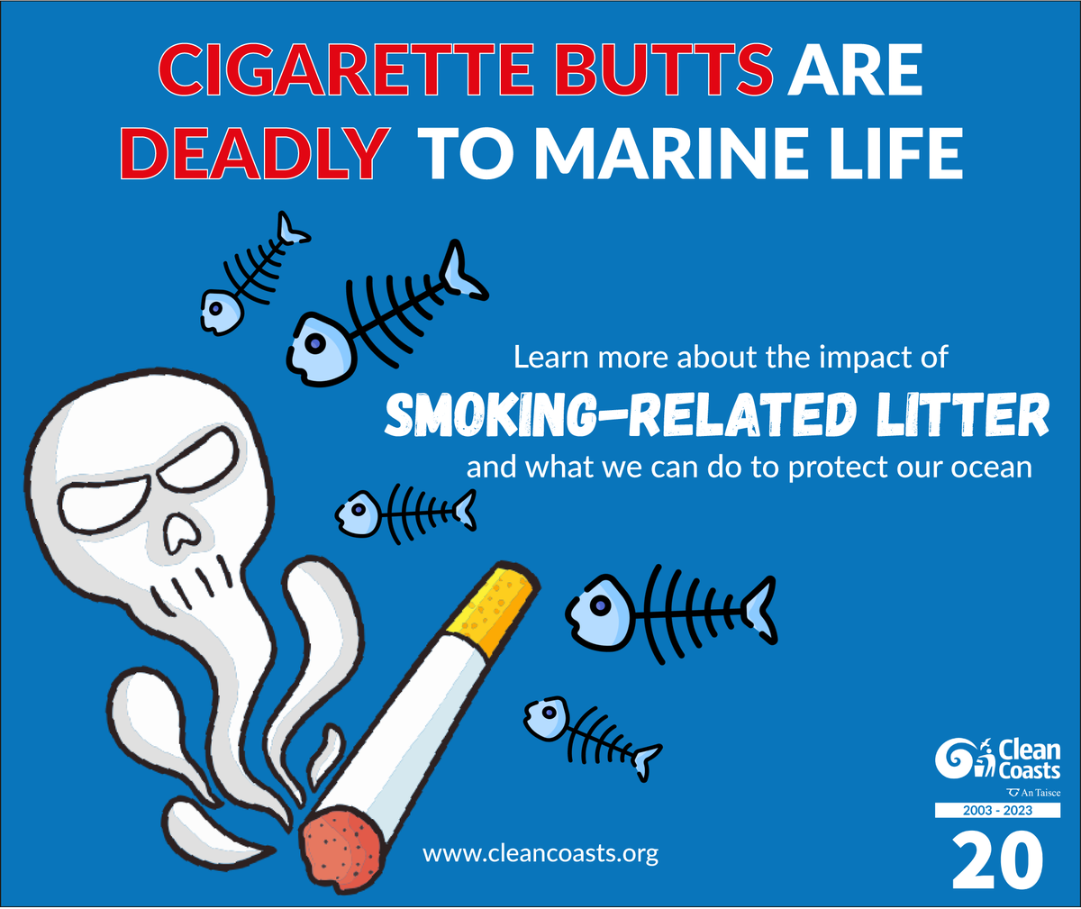 Since 2019 during the Big Beach Clean 22.7K cigarettes were removed from our coast. 1 butt can contaminate up to 1000 L of water. By removing 22.7K cigarette butts volunteers have effectively conserved 22,7m litres of water = 9 Olympic sized swimming pools!
#BinYourButt!