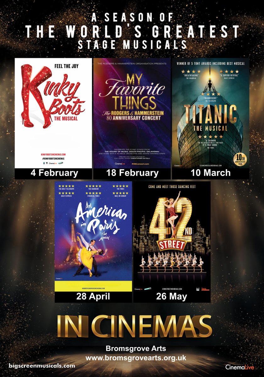We're thrilled to announce a season of Big Screen Musicals  

CinemaLive will be bringing to UK cinema screen some of the best West End/Broadways Musicals, all filmed live for you to enjoy on the Big Screen  

For details, check out our What's On page bromsgrovearts.org.uk