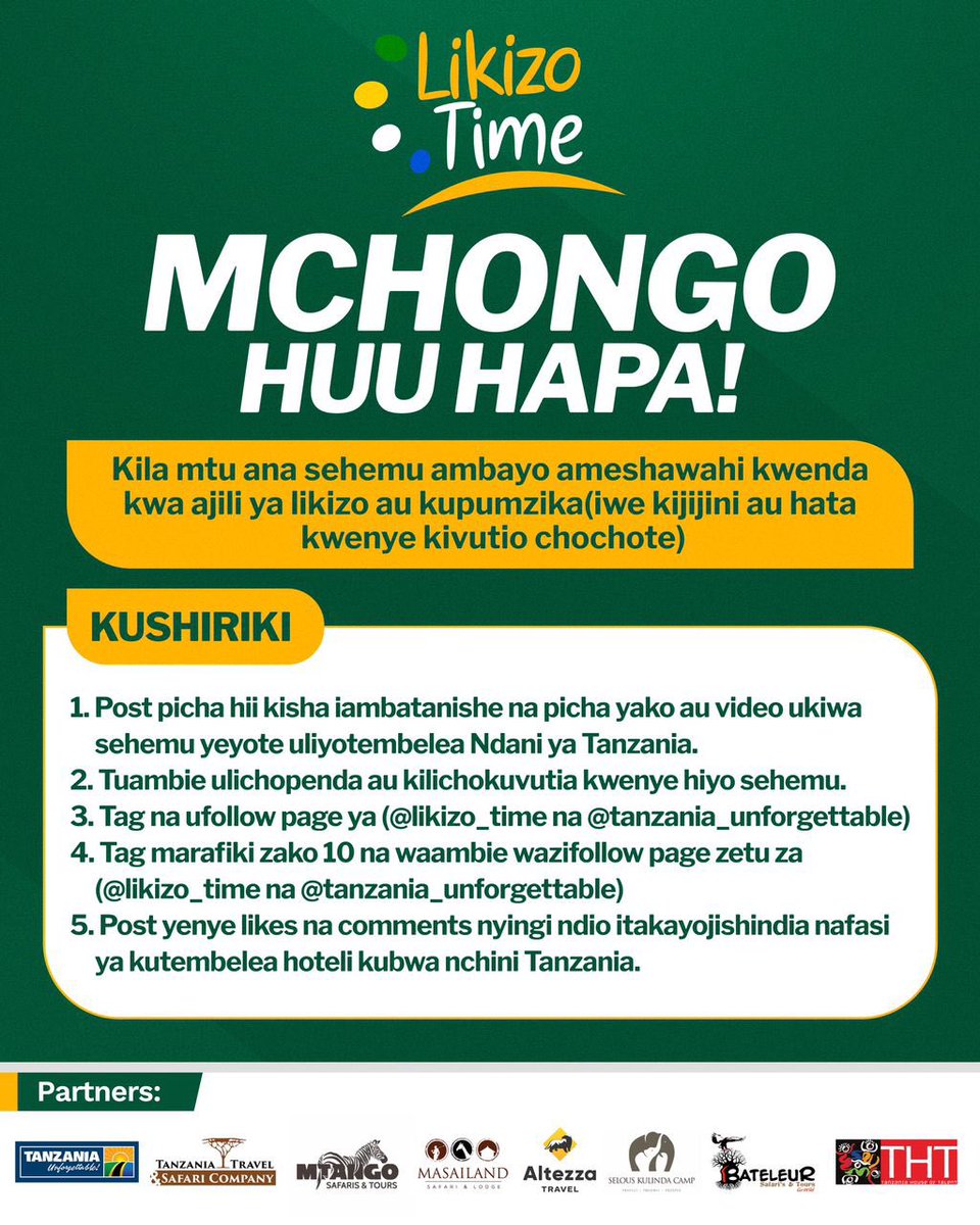 Sasa #Likizotime tumekuletea mchongo wa kuifurahia likizo yako. Shiriki ili uweze kupata nafasi ya kusherehekea Krismasi na Mwaka mpya kwenye moja ya hoteli kitalii Tanzania (wewe pamoja na umpendae-couple). #likizotime #likizotimechallenge