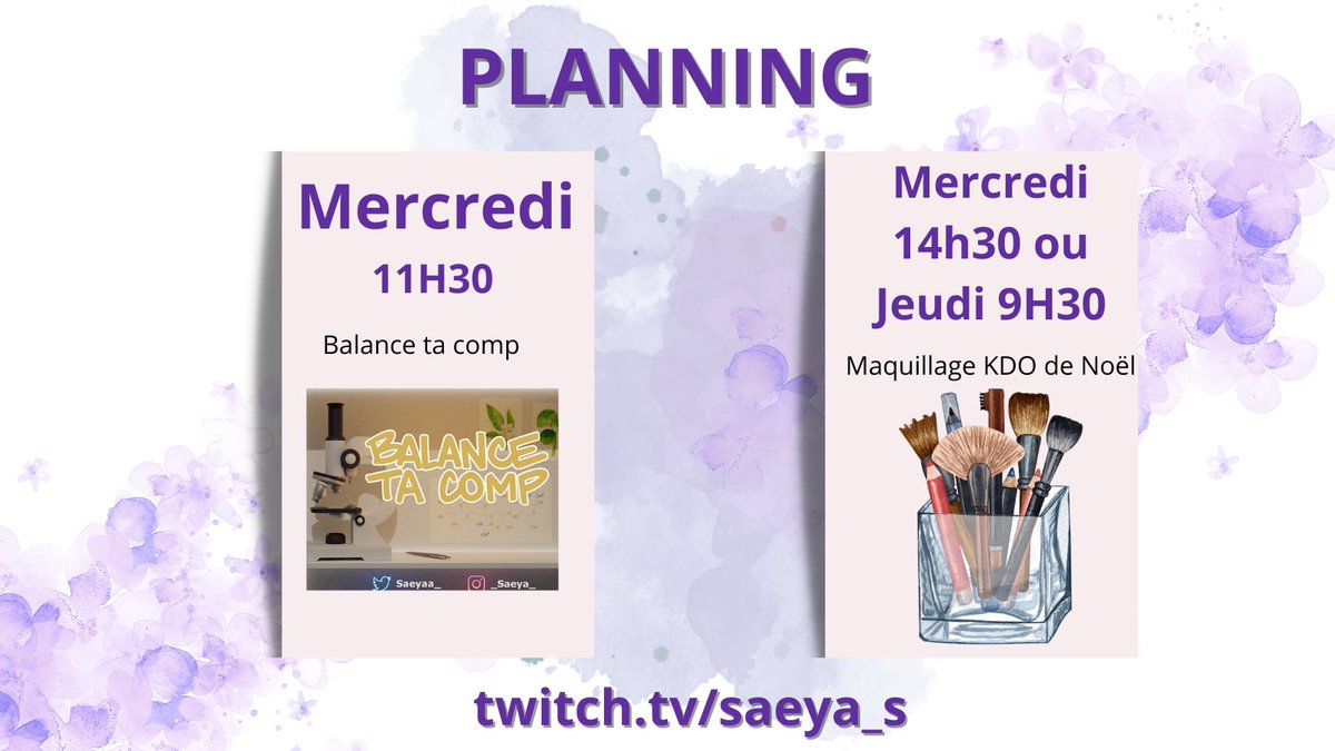 [PLANNING LIVE]

Voici le planning pour cette semaine.
Je ne sais pas encore si je pourrais honorer le maquillage en live mais je mets les créneaux potentiels!

Sinon on se retrouve dans 30 minutes pour le balance ta comp, on va décrypter le shampoing Head and Shoulders.