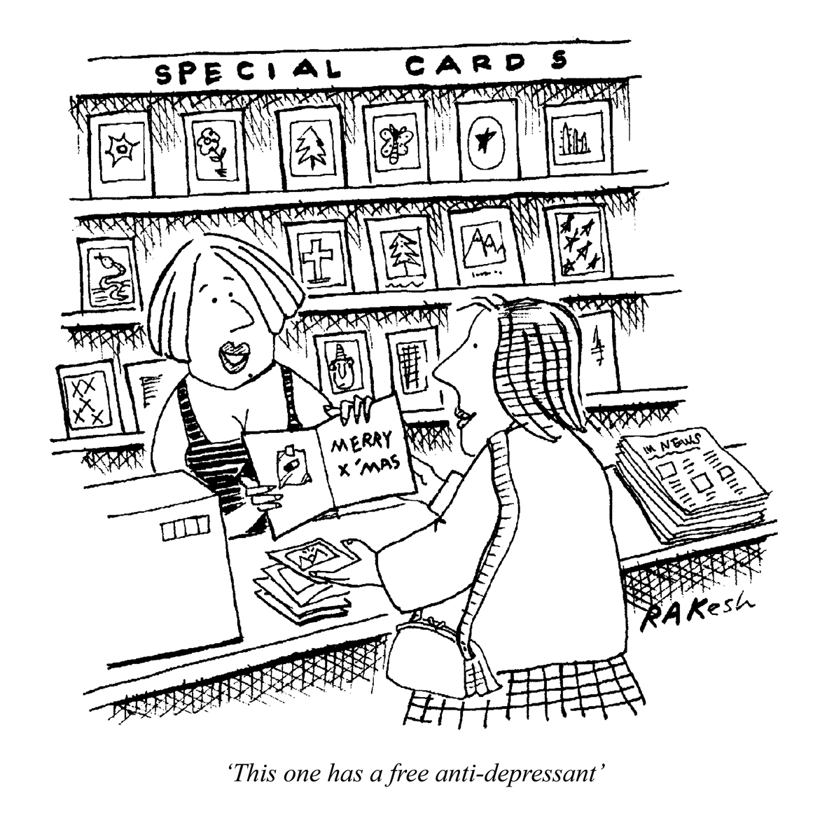 Today's PUNCH Cartoon Classic. ‘This one has a free anti-depressant.’ Rakesh Sahgal 1991 #Christmas #Christmascards #shopping #shoppers #retail #shops #stores #consumers #promotions #Xmas #consumers
