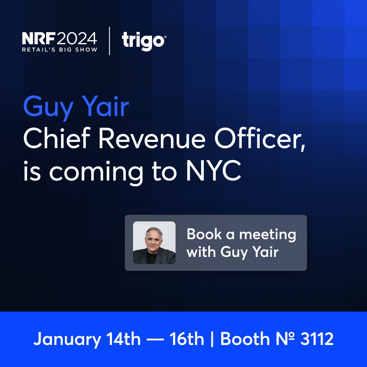 Looking to innovate and streamline the operations of your retail business? Don't miss the chance to engage one-on-one with Trigo's CRO, Guy Yair, at NRF'24! Book your meeting now: bit.ly/3uWapFb @NRFnews @NRFBigShow