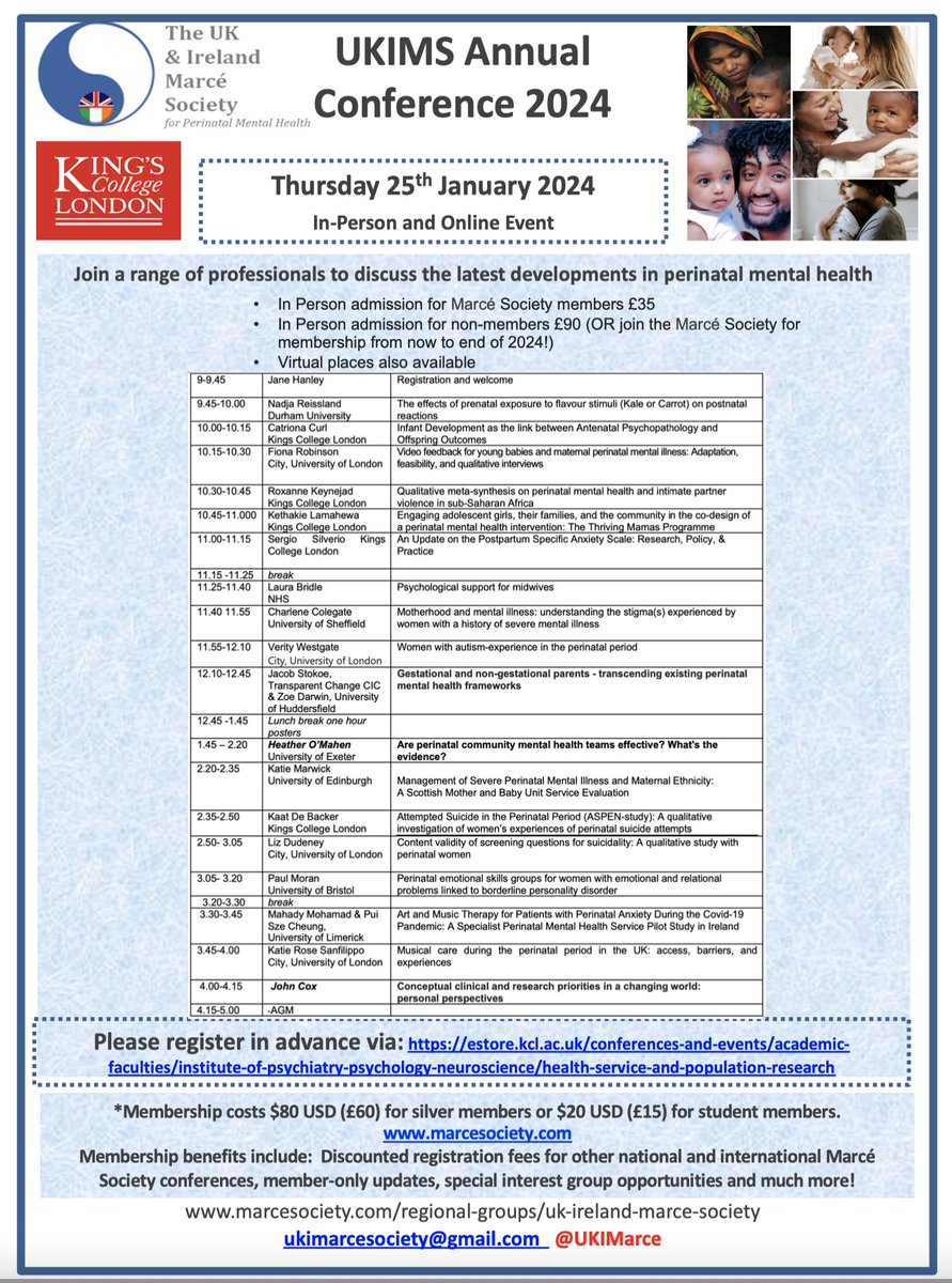 Just a reminder that our UKIMS conference is getting close! it will take place next month on Jan 25th 2024, with an amazing line up of speakers. Please see programme with details on how to register @TheMarceSociety #UKIMS2024
