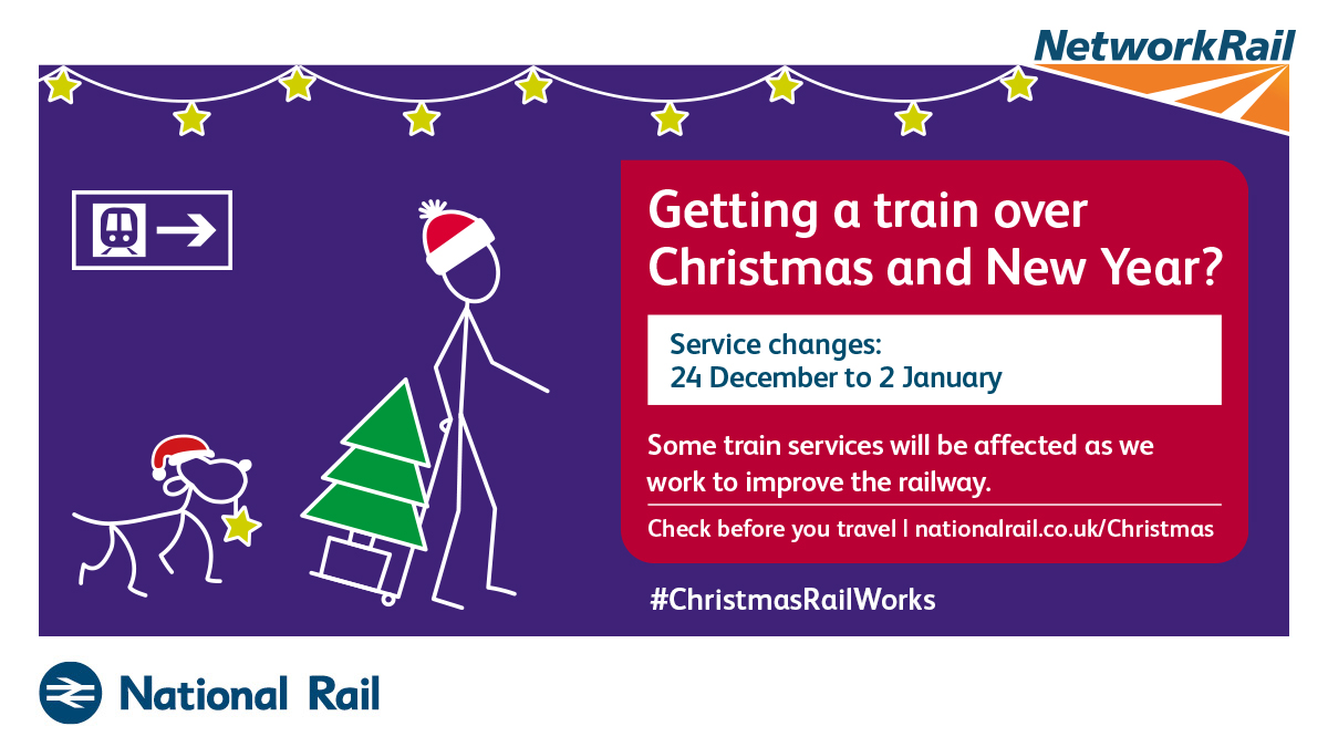 networkrailwest's tweet photo. 🎄Planning to travel by train over the Christmas and New Year period?

🦺We’re carrying out upgrades across the route, so please remember to check before you travel.

ℹ️ More information: https://t.co/x3siNR50jq https://t.co/KFd0XM7f0B
