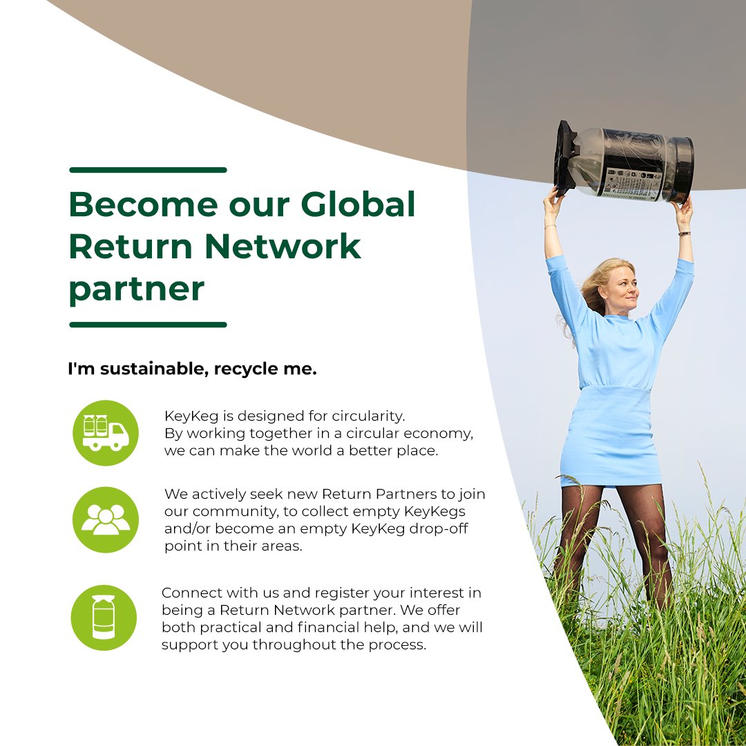 To advance our sustainability objectives, we're eager to welcome new Return Partners into our fold. Join us to collect empty KeyKegs and/or establish a drop-off location for empty KeyKegs in your region.

#KeyKeg #ReturnNetwork
