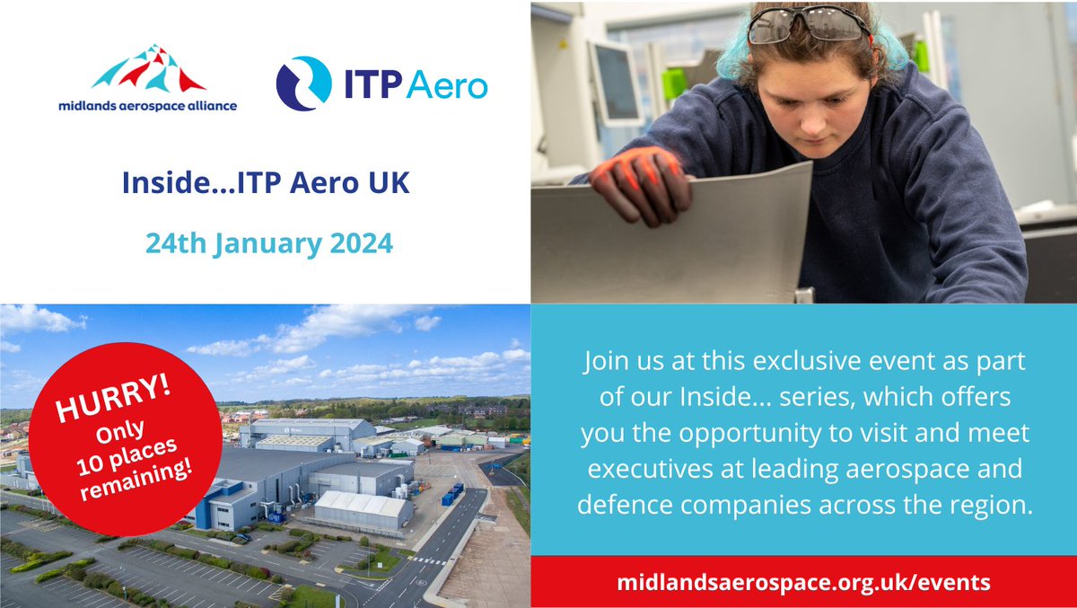 Hurry! If you don't want to miss the exclusive opportunity to head inside ITP Aero - a world-leading company in the #aerospace market - on 24th January, you'll need to be fast. There are only 10 places left! Book today: midlandsaerospace.org.uk/events/inside-…