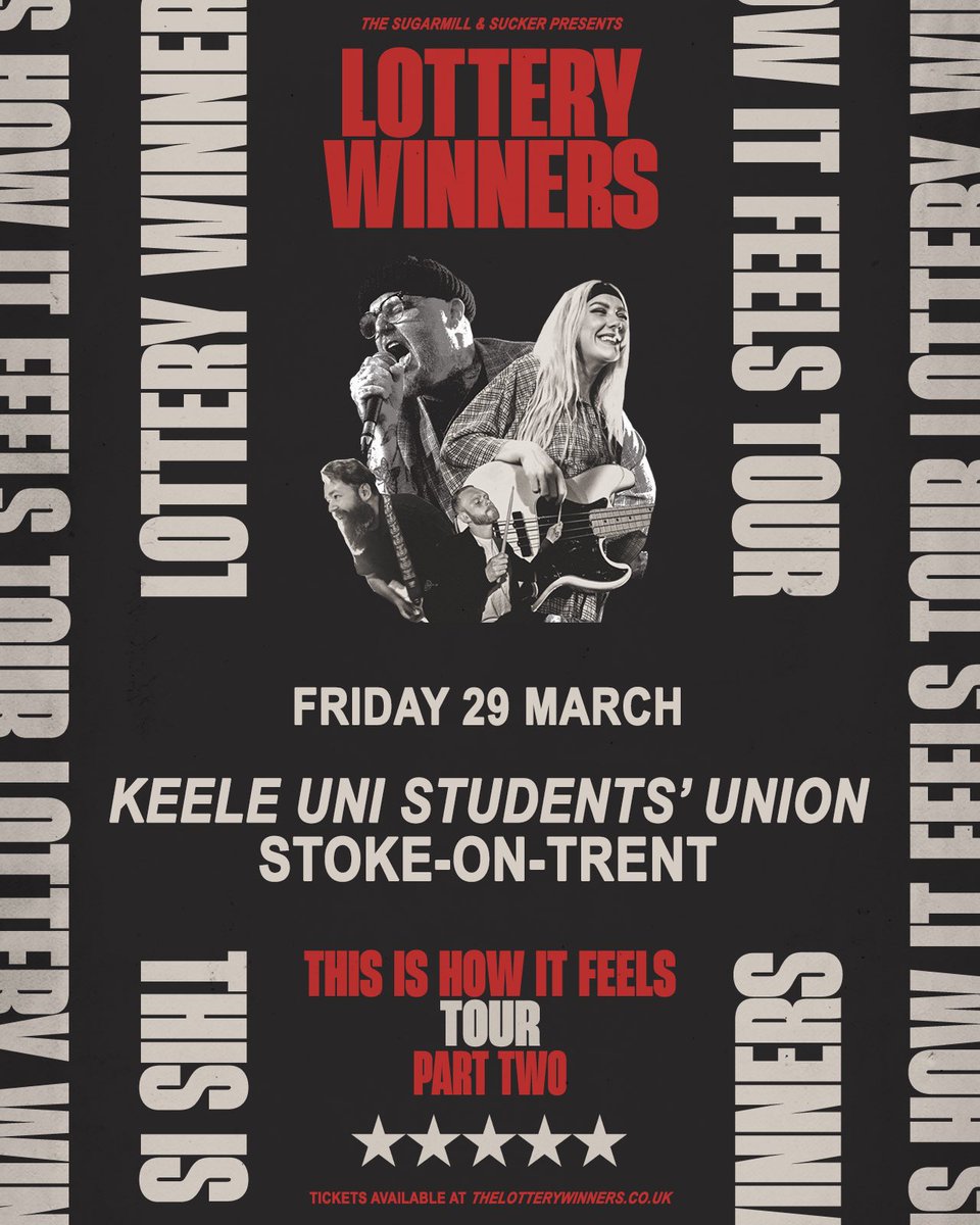 **KEELE UNI** The Sugarmill & Sucker are proud to present The Lottery Winners at Keele Uni SU ~ Friday 29th March ’24! Tickets go on sale Friday 15th December at 10 am 🎟️ via our website!