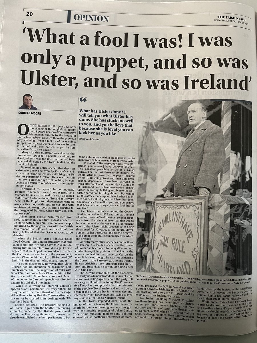 My latest ⁦@irish_news⁩ article on Edward Carson’s famous rant on the Tories using “Ulster” and Ireland to gain power, not an anti-partitionist message, as some claim, but his main message to never trust the Tories is as true today as it was 100 years ago.