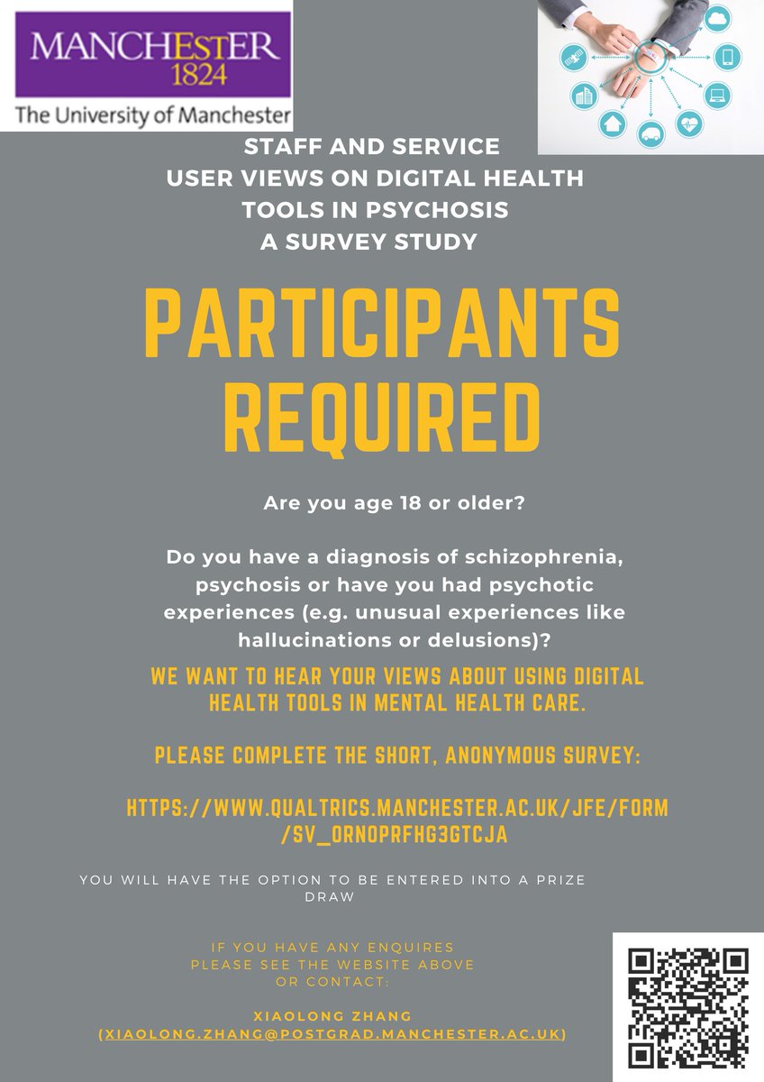 Do you have a mental health diagnosis? What do you think about using digital health tools (smartphones & wearable devices) to help manage your mental health? 🤔 Check out the poster below or follow this link 👉 qualtrics.manchester.ac.uk/jfe/form/SV_0r… #Research #researchstudy #NHS #psychosis