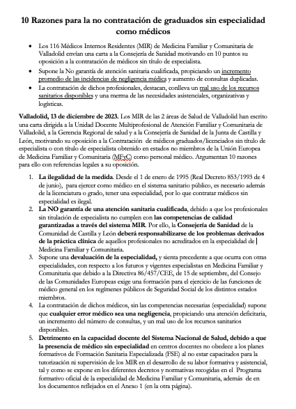 SOCALEMFYC (@socalemfyc) on Twitter photo 🔴📢 <a href="/jcyl/">Junta de Castilla y León</a> <a href="/Salud_JCYL/">Salud JCYL</a> <a href="/sanidadgob/">Ministerio de Sanidad</a> <a href="/semfyc/">semFYC</a>
Los 116 MIR de Medicina Familiar y Comunitaria de #Valladolid envían una carta a la Consejería de Sanidad 10 Razones para la no contratación de graduados sin especialidad como médicos
🔗socalemfyc.org/razones-para-l… <a href="/resisdemadrid/">Vocalía Residentes y JMF</a> 🔴📢 <a href="/jcyl/">Junta de Castilla y León</a> <a href="/Salud_JCYL/">Salud JCYL</a> <a href="/sanidadgob/">Ministerio de Sanidad</a> <a href="/semfyc/">semFYC</a>
Los 116 MIR de Medicina Familiar y Comunitaria de #Valladolid envían una carta a la Consejería de Sanidad 10 Razones para la no contratación de graduados sin especialidad como médicos
🔗socalemfyc.org/razones-para-l… <a href="/resisdemadrid/">Vocalía Residentes y JMF</a>