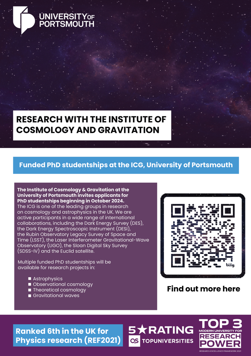 We have #PhD positions in #cosmology, astrophysics and gravitational waves open at the ICG ✨⚫️🌊 Apply now for entry in autumn 2024. More details: port.ac.uk/research/resea…