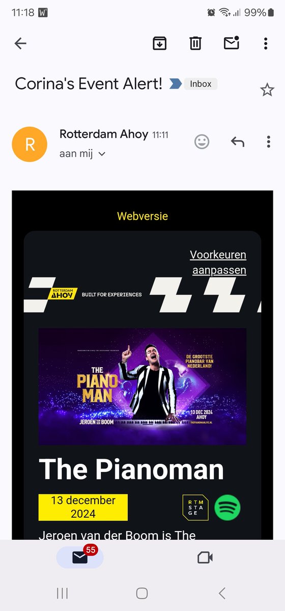 Wat leuk! Een mailtje van <a href="/rotterdamahoy/">Rotterdam Ahoy</a>! Kaartje is onderweg hoor. Nu nog een jaartje wachten. 🎹🎶
#pianoman <a href="/jvdboom/">Jeroen van der Boom</a> #email