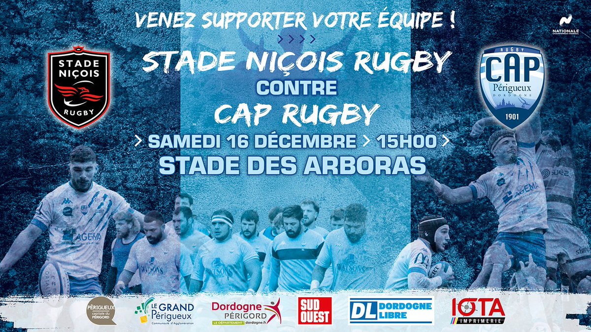 🏉 NICE - CAP 🏉
Nouveau match à l'extérieur ce samedi pour nos capistes !     
Déplacement à #Nice pour cette 14ème journée de championnat     
Samedi 16 décembre     
Stade des Arboras  
Coup d'envoi à 15h       
#Gocap #Rugby #Nat1 #Perigueux #Dordogne