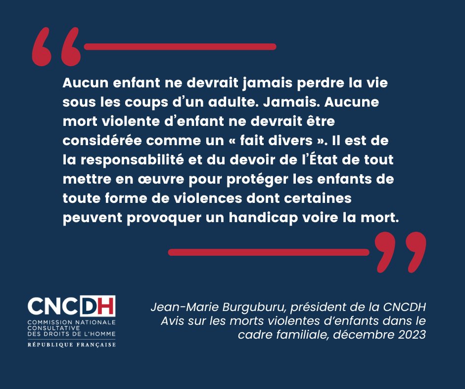 [AVIS]
⚠️Aujourd'hui en France, un enfant sur cinq décèderait tous les cinq jours sous les coups de parents ou de proches. 
Les morts violentes d' #enfants ne doivent plus être traités comme des "faits divers". 
Sollicitée pour avis par <a href="/FMPasquini/">Francesca Pasquini</a>, la #CNCDH formule des