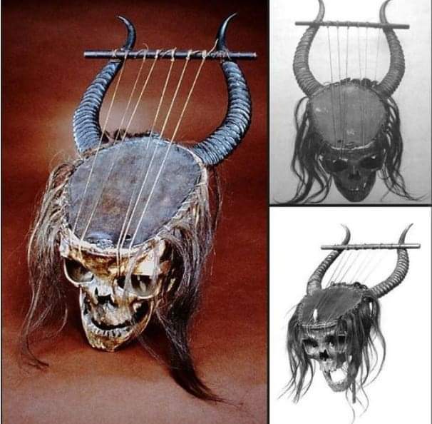 A Central African lyre made from a human skull, antelope horns, skin, gut, and hair. 19th century CE