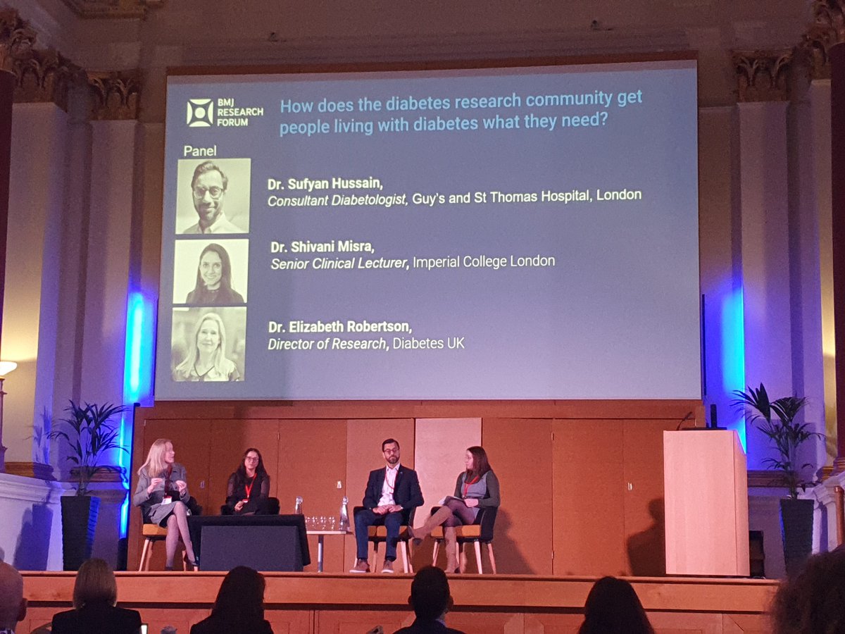 Lovely session today #bmjresearchforum on importance of patient involvement and data in improving Diabetes care with @DiabetesUK @BMJ. Highlights importance of linking up research with clinical implementation, regulators, funders and policy. Also good to see @HealthFdn crew too!