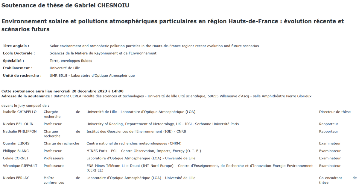 Ecole Graduée SMRE (@ed_smre) on Twitter photo 🎓Gabriel CHESNOIU
📆20 déc. 2023 🕰️14h
🗺️CERLA, Cité scientifique, Villeneuve d'Ascq - Amphithéâtre P. Glorieux
🪧Environnement #solaire et #pollutions atmosphériques particulaires en région <a href="/hautsdefrance/">Région Hauts-de-France</a> : évolution récente et scénarios futurs 🎓Gabriel CHESNOIU
📆20 déc. 2023 🕰️14h
🗺️CERLA, Cité scientifique, Villeneuve d'Ascq - Amphithéâtre P. Glorieux
🪧Environnement #solaire et #pollutions atmosphériques particulaires en région <a href="/hautsdefrance/">Région Hauts-de-France</a> : évolution récente et scénarios futurs