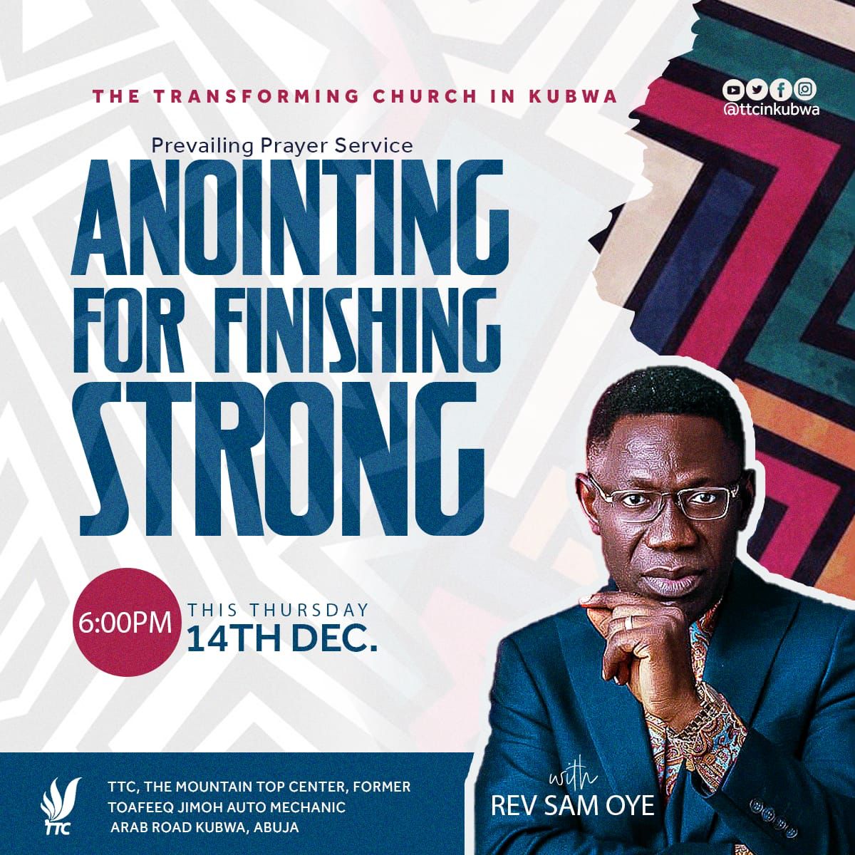 We are inviting you to come join us as we embrace the anointing that empowers us to persevere, overcome, and finish the race strong in faith. 

Don’t miss this soul-reviving experience – your path to a triumphant finish starts here. 
#ttcinkubwa #finishingstrong