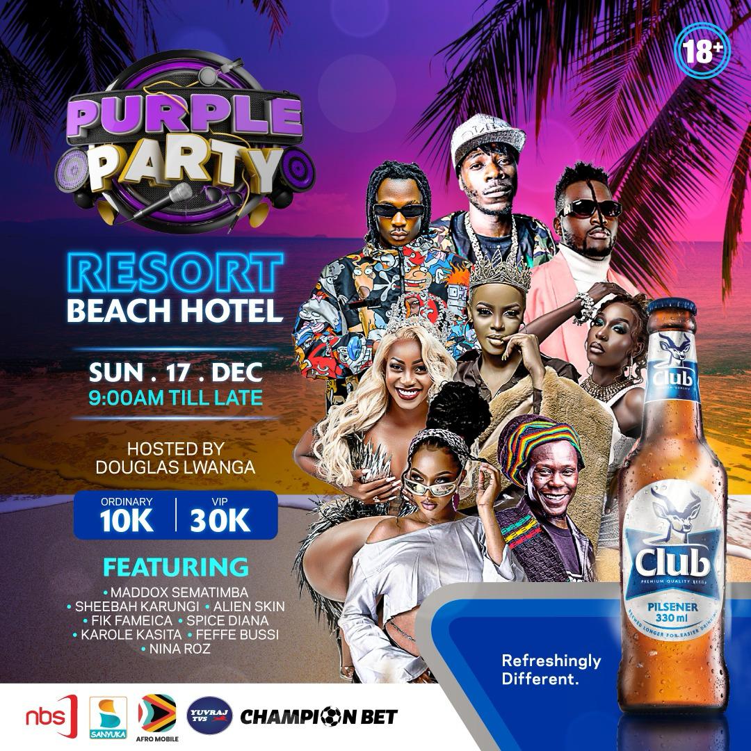 It's only 4 days to #PurplePartyTour. Kick off the countdown to the new year with sand between your toes and music in your soul at Resort Beach Entebbe. STAY TUNED| #NBSUpdates